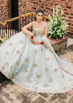 Ice Blue Embroidered Korean Rawsilk Lehenga Choli (3-Piece) - Image 6