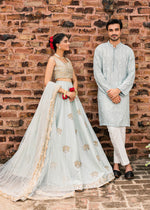 Ice Blue Embroidered Korean Rawsilk Lehenga Choli (3-Piece) - Image 8