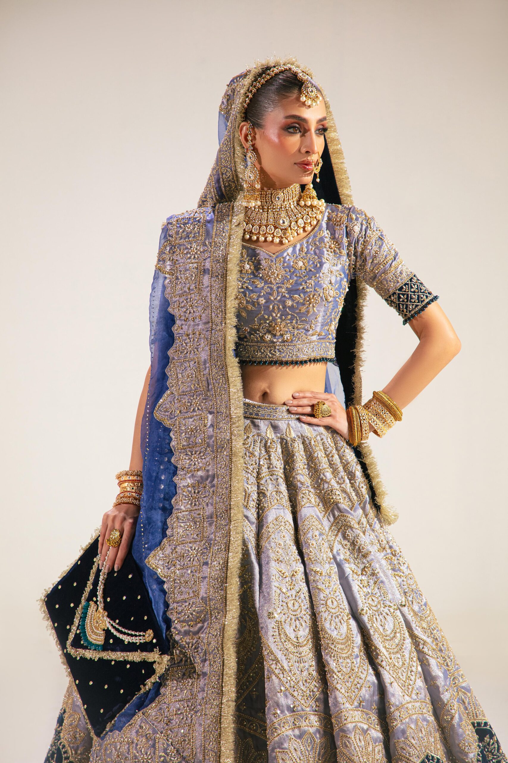 Pakistani Navy Blue Embroidered Lama Tissue Lehenga (3-Piece) - Image 1