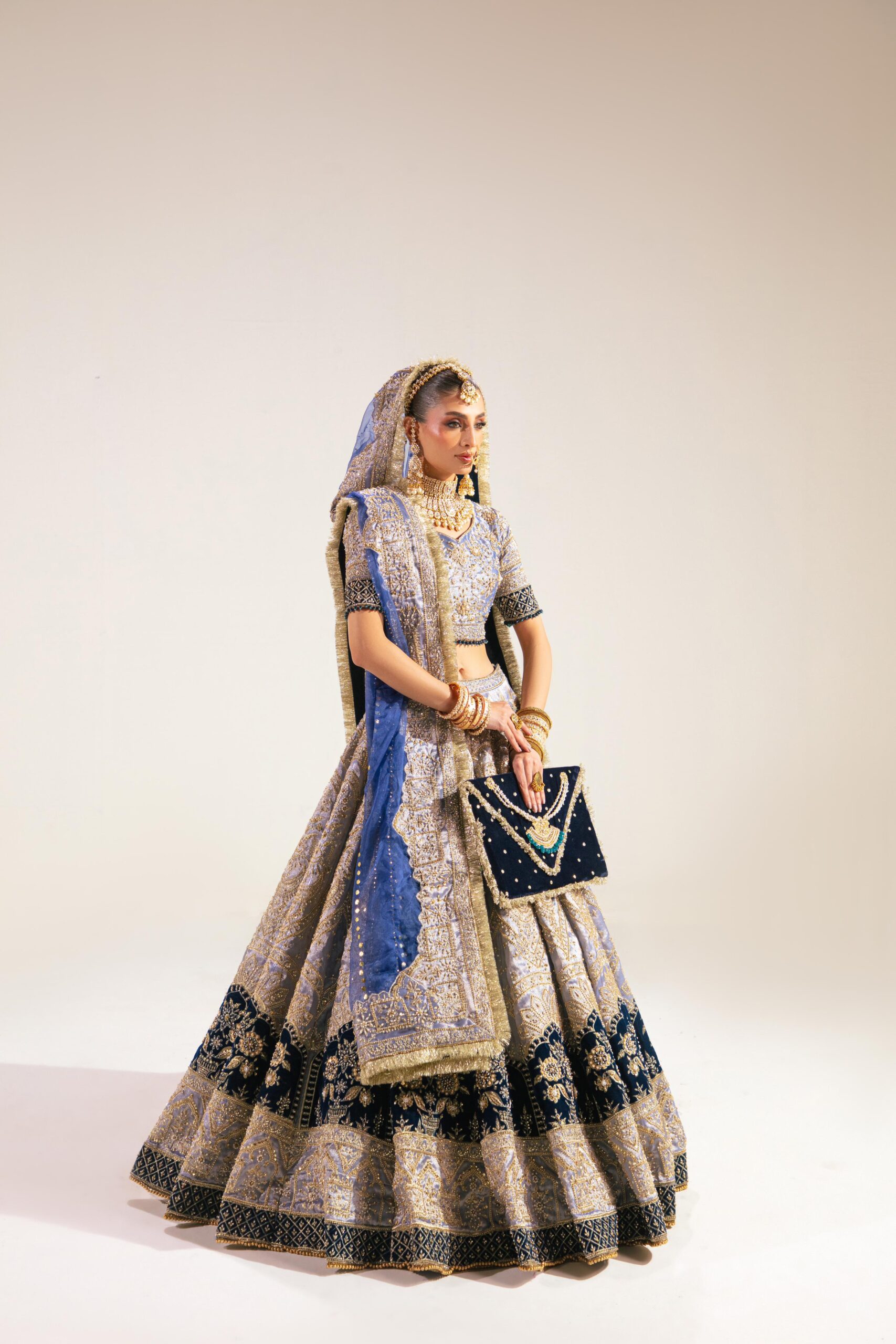 Pakistani Navy Blue Embroidered Lama Tissue Lehenga (3-Piece) - Image 2