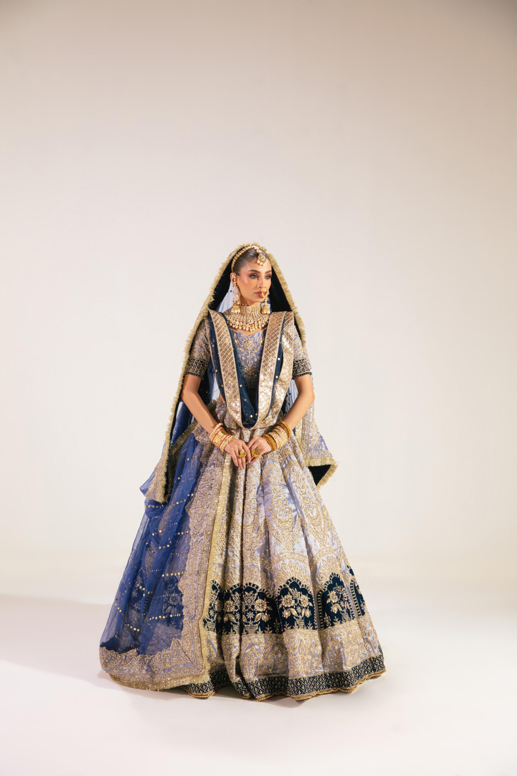 Pakistani Navy Blue Embroidered Lama Tissue Lehenga (3-Piece) - Image 3