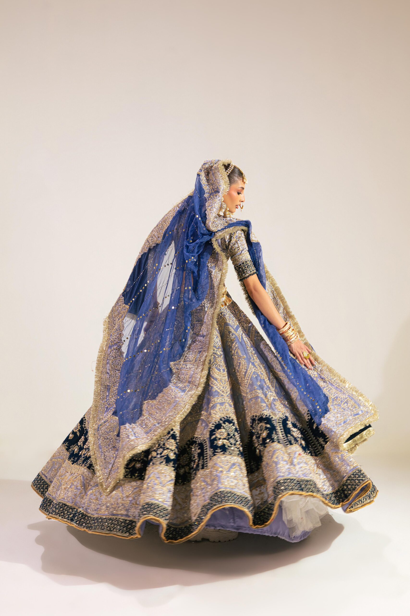 Pakistani Navy Blue Embroidered Lama Tissue Lehenga (3-Piece) - Image 5