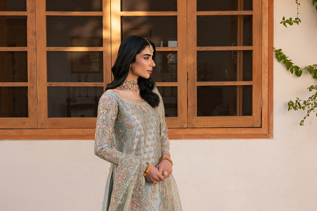 Indian Pale Blue Embellished Lame Farshi Bridal Dress (3-Piece) - Image 3