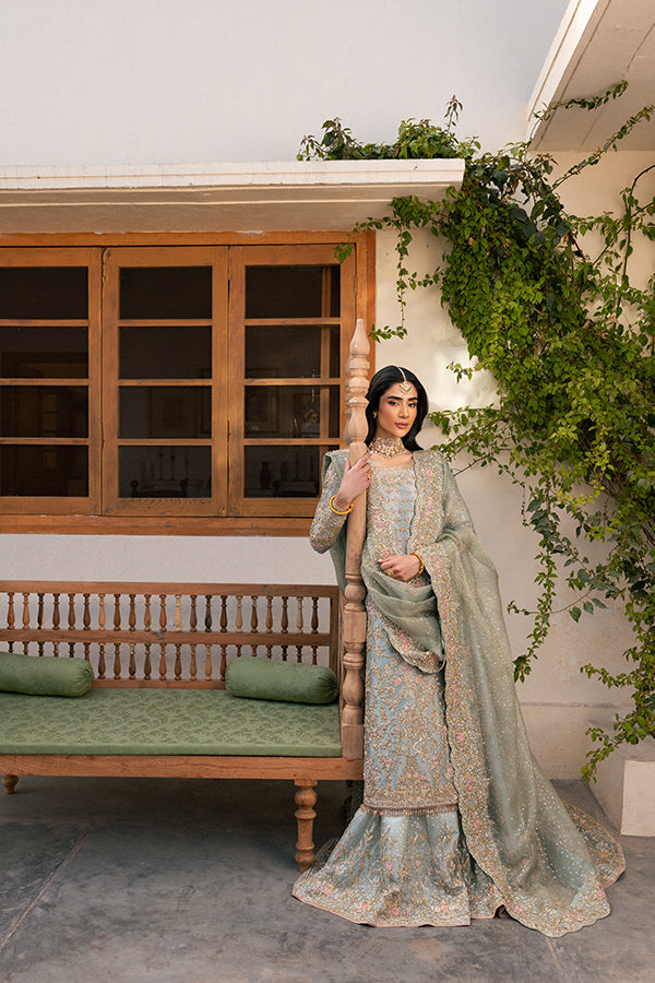 Pakistani Pale Blue Embellished Lame Farshi Lehenga (3-Piece) - Image 3
