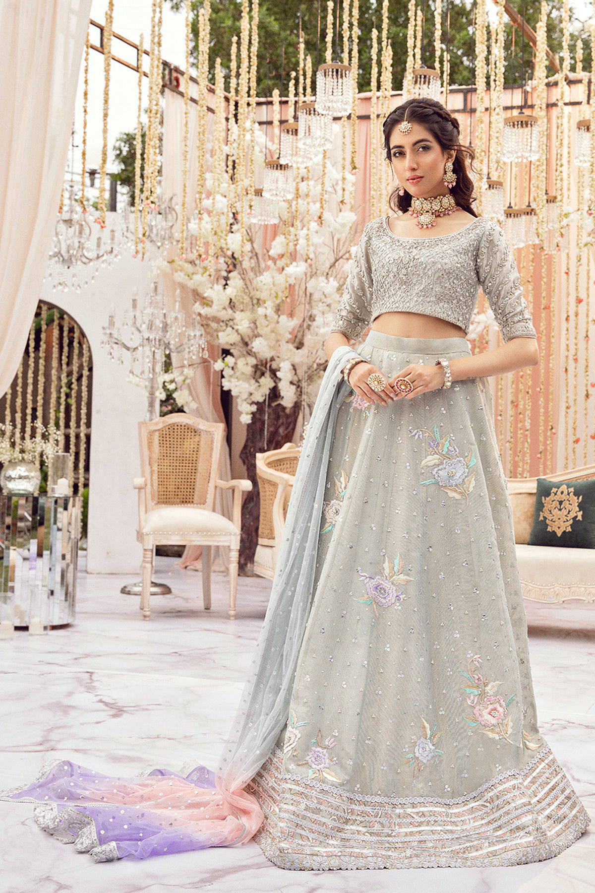 Ice Blue Zardozi Lame Lehenga Choli (3-Piece) - Image 1