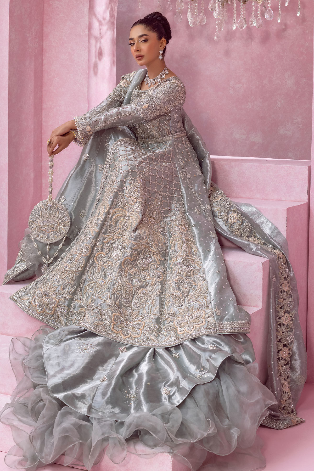 Pakistani Ice Blue Zardozi Pure Lamé Bridal Lehenga (3-Piece) - Image 1