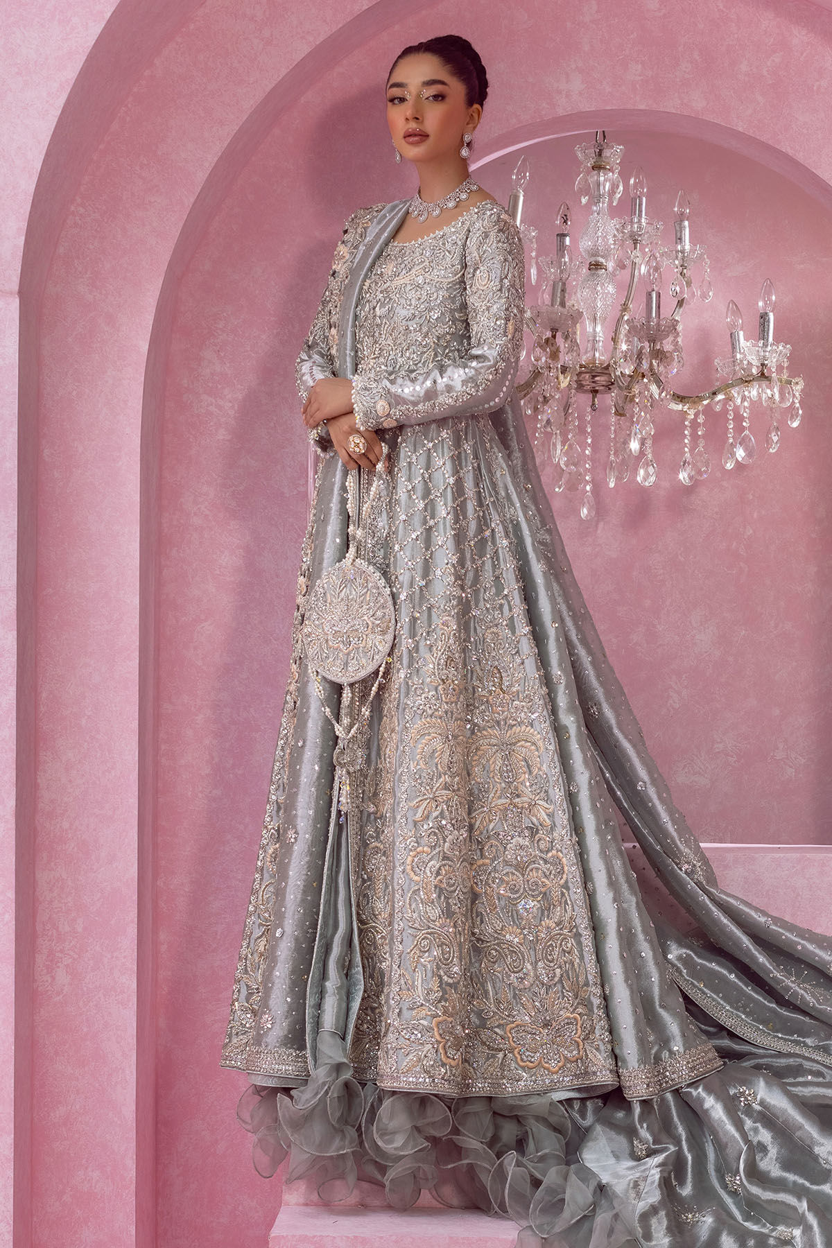 Pakistani Ice Blue Zardozi Pure Lamé Bridal Lehenga (3-Piece) - Image 2
