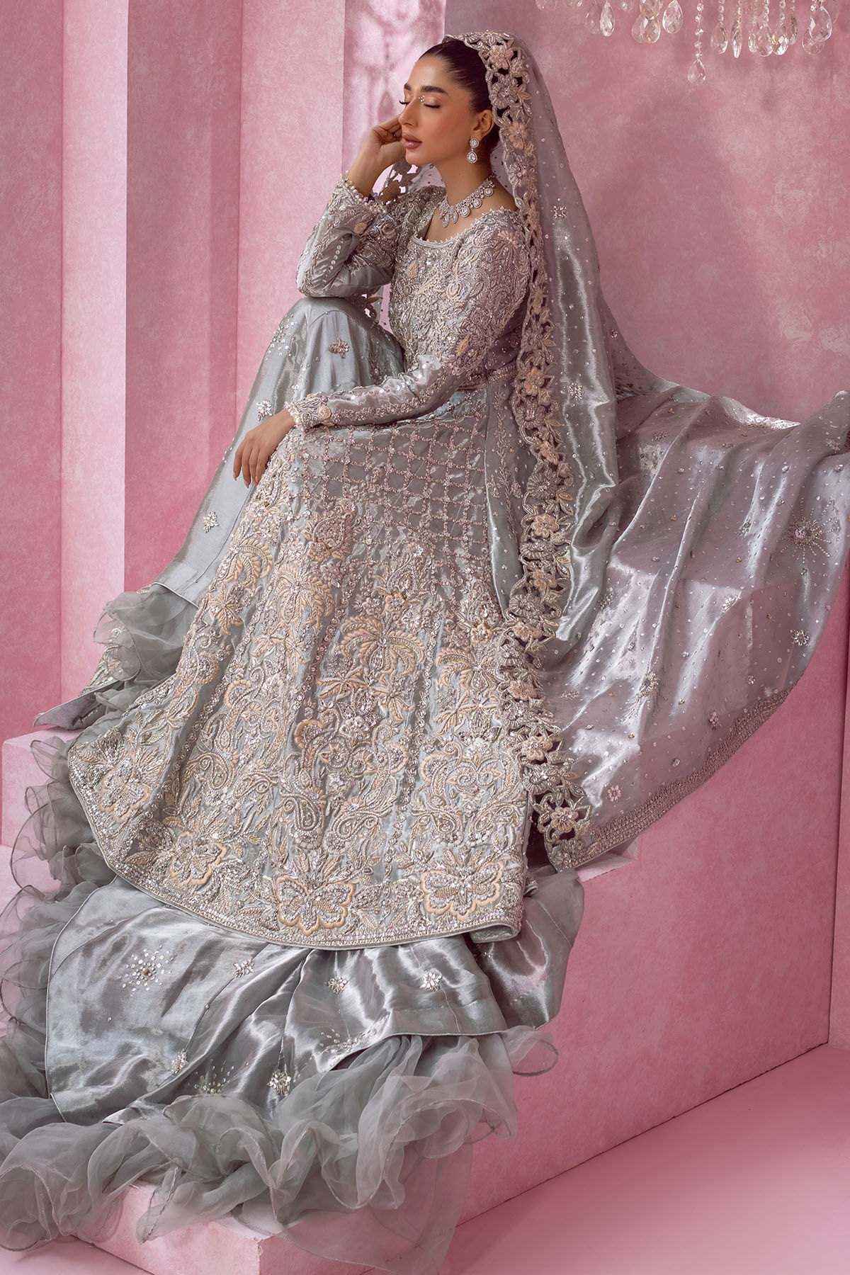 Pakistani Ice Blue Zardozi Pure Lamé Bridal Lehenga (3-Piece) - Image 3