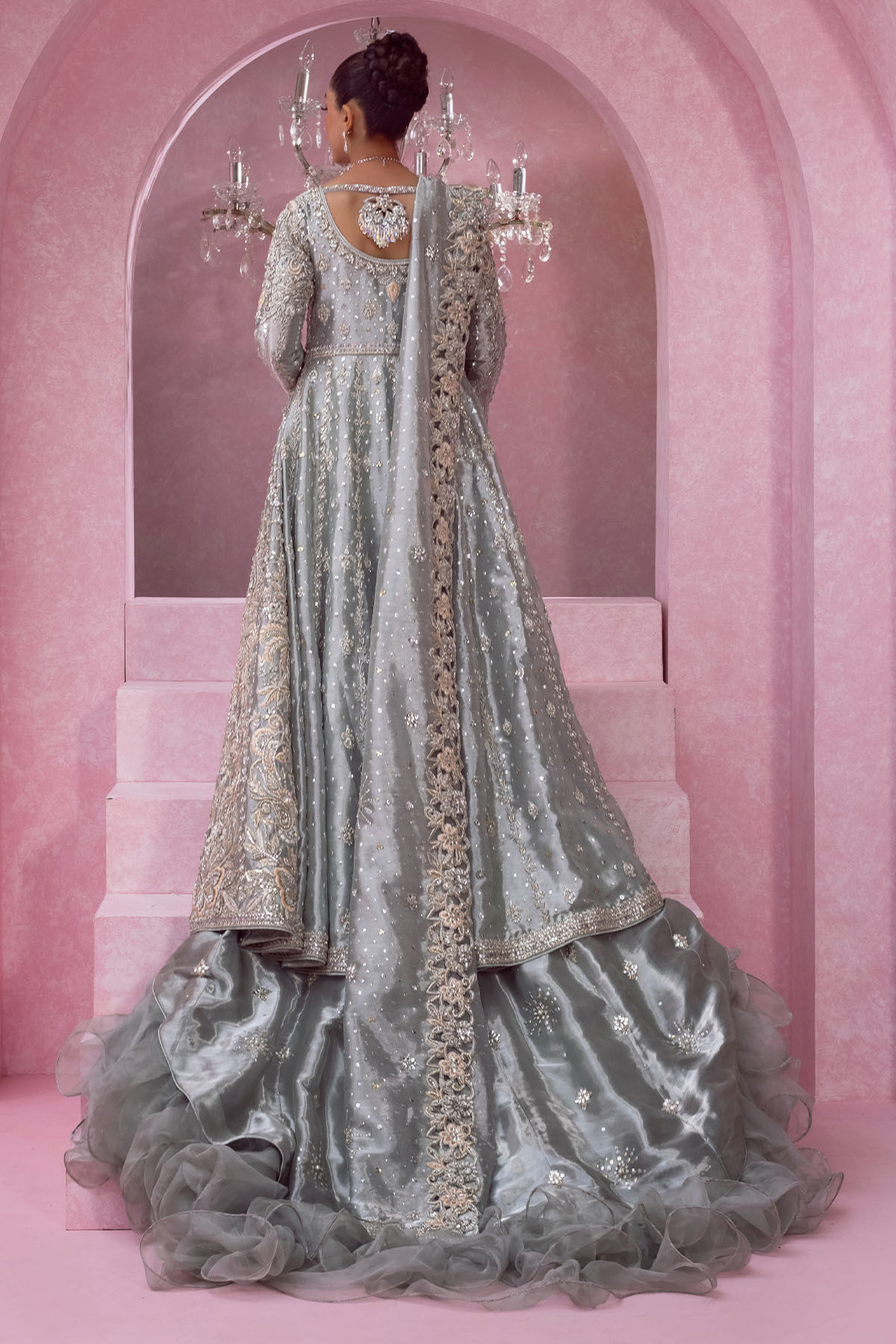 Pakistani Ice Blue Zardozi Pure Lamé Bridal Lehenga (3-Piece) - Image 6