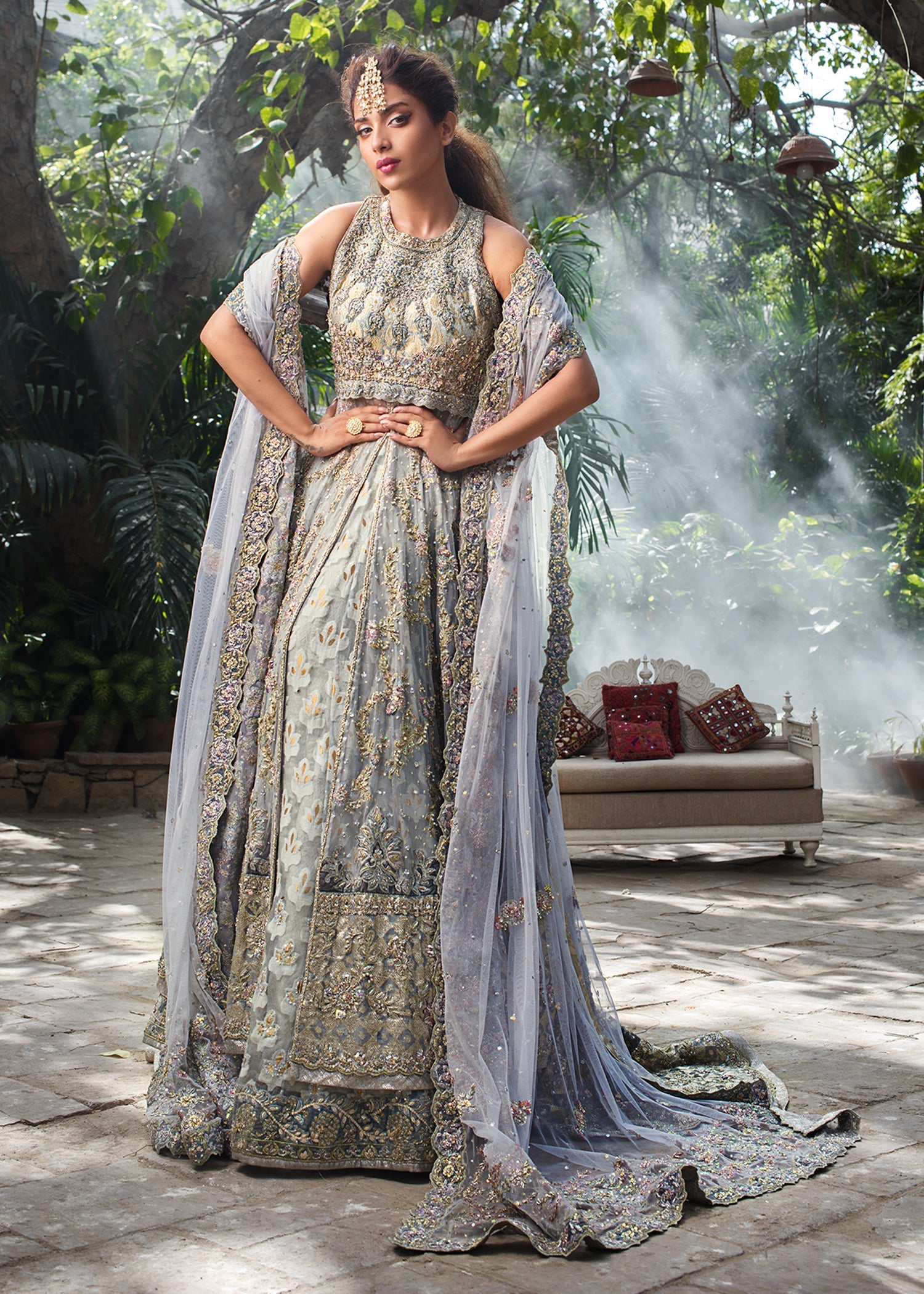 Powder Blue Embellished Atlas & French Net High-Low Gown (3-Piece) - Image 1