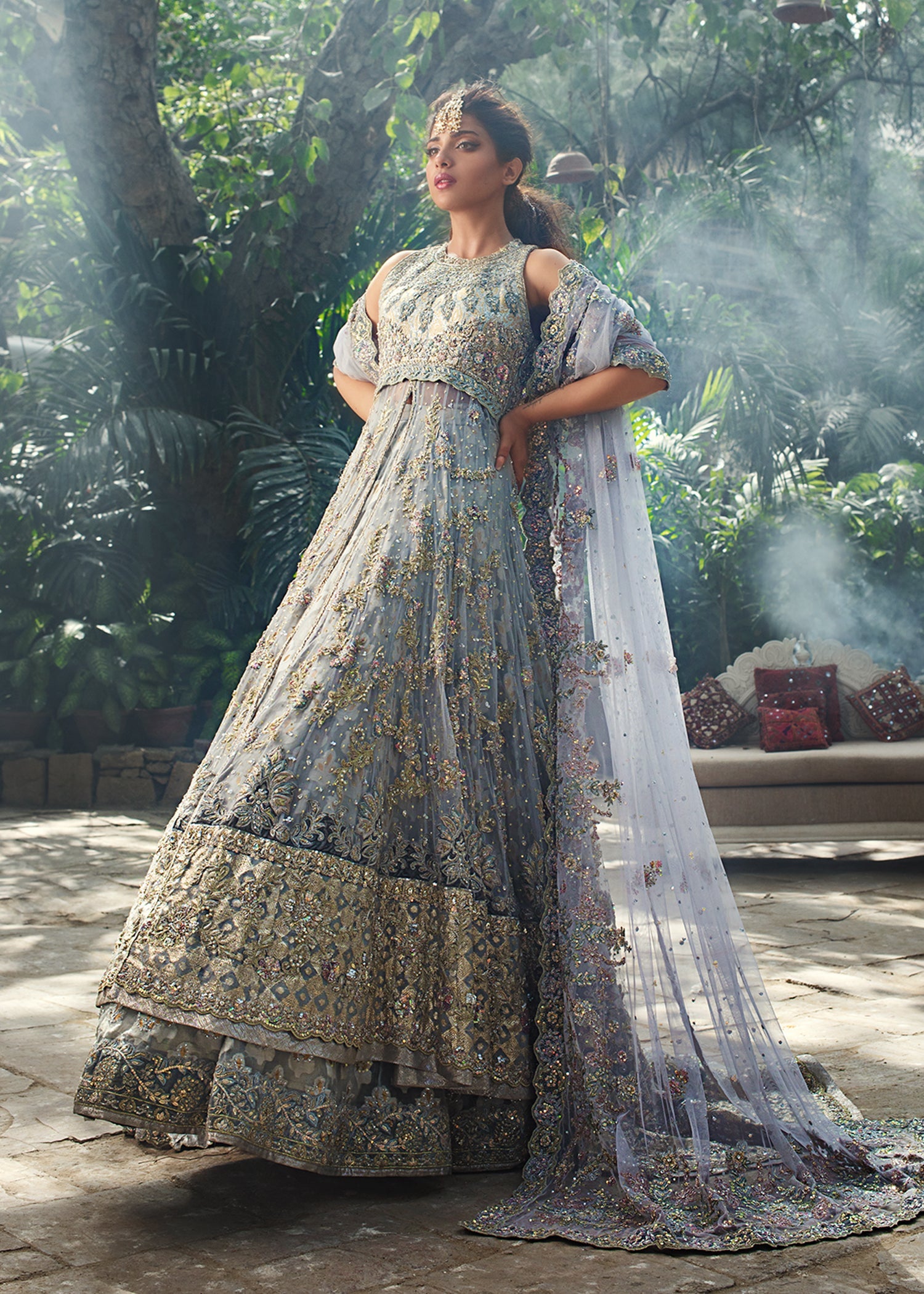 Powder Blue Embellished Atlas & French Net High-Low Gown (3-Piece) - Image 2