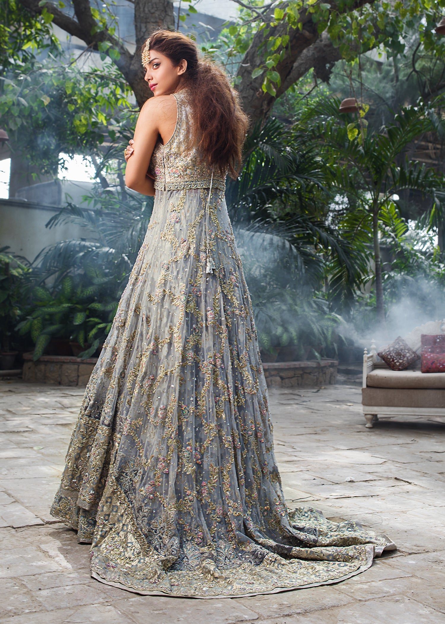 Powder Blue Embellished Atlas & French Net High-Low Gown (3-Piece) - Image 3