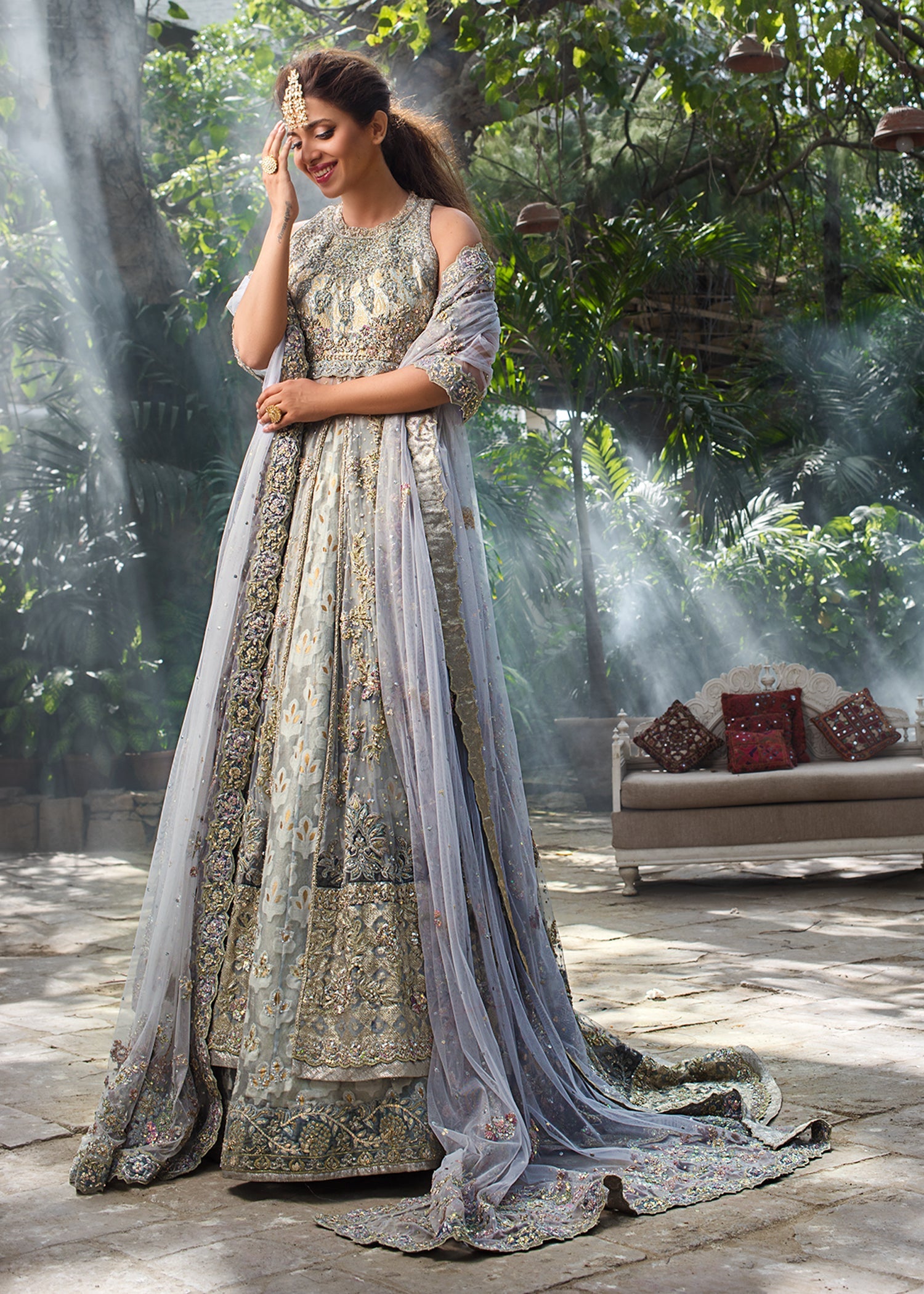 Powder Blue Embellished Atlas & French Net High-Low Gown (3-Piece) - Image 4