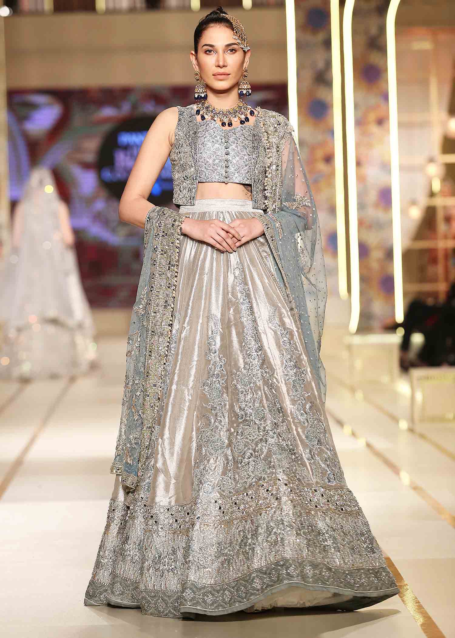 Pakistani Blue Grey Embroidered Mesuri Lamé Lehenga (3-Piece) - Image 1