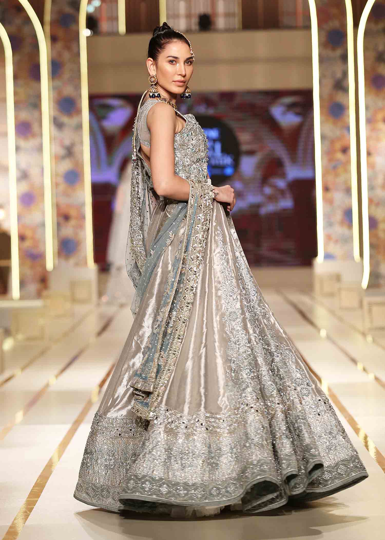 Pakistani Blue Grey Embroidered Mesuri Lamé Lehenga (3-Piece) - Image 2