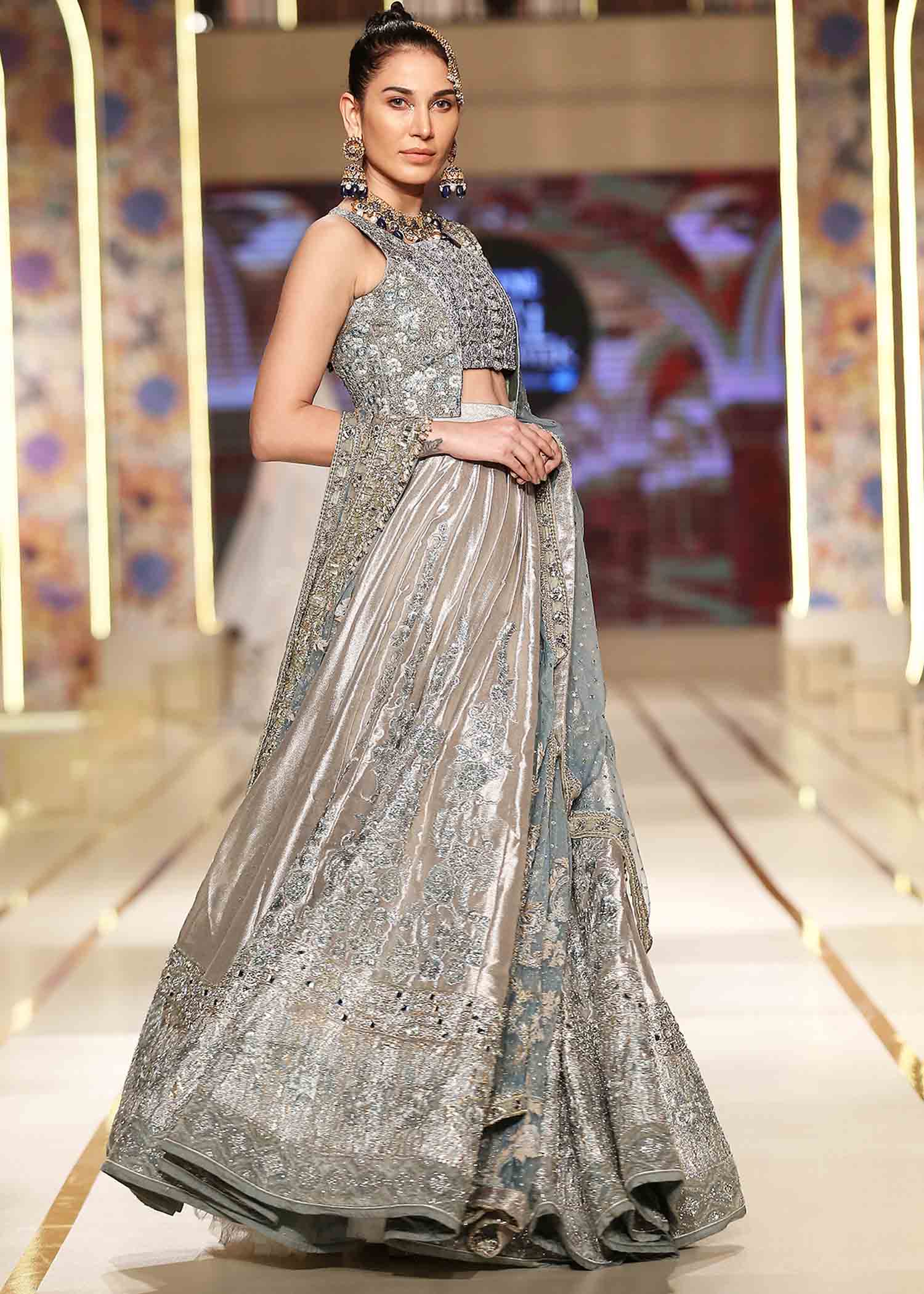 Pakistani Blue Grey Embroidered Mesuri Lamé Lehenga (3-Piece) - Image 3