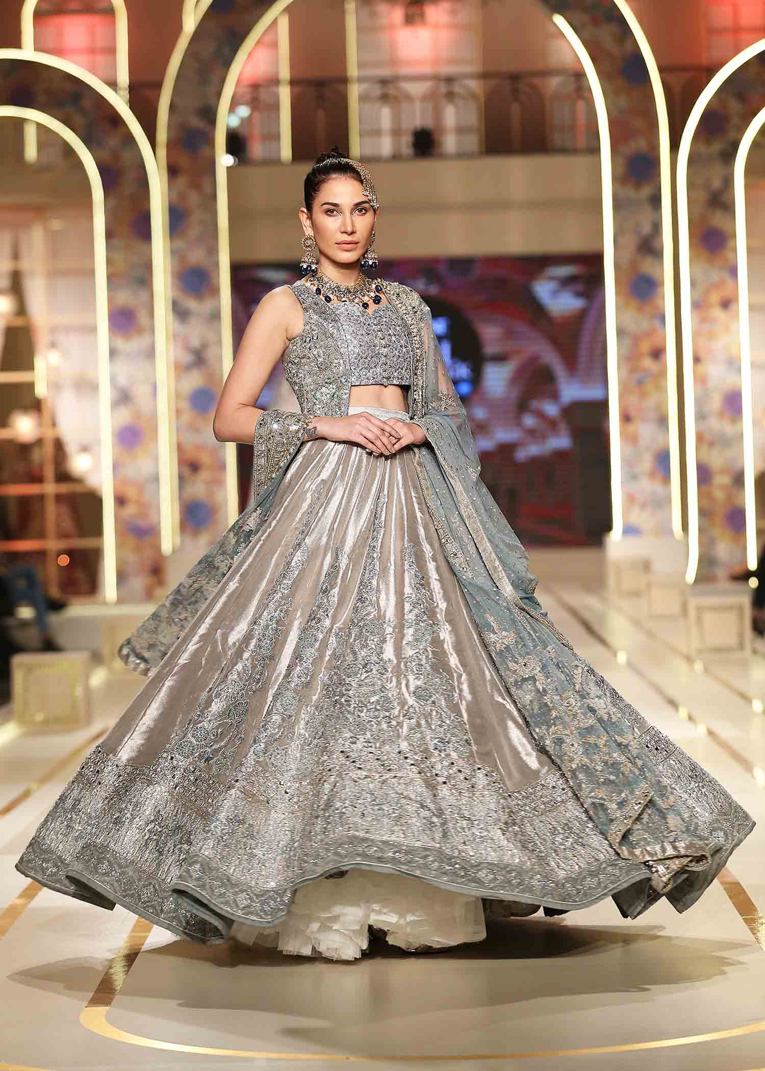 Pakistani Blue Grey Embroidered Mesuri Lamé Lehenga (3-Piece) - Image 4