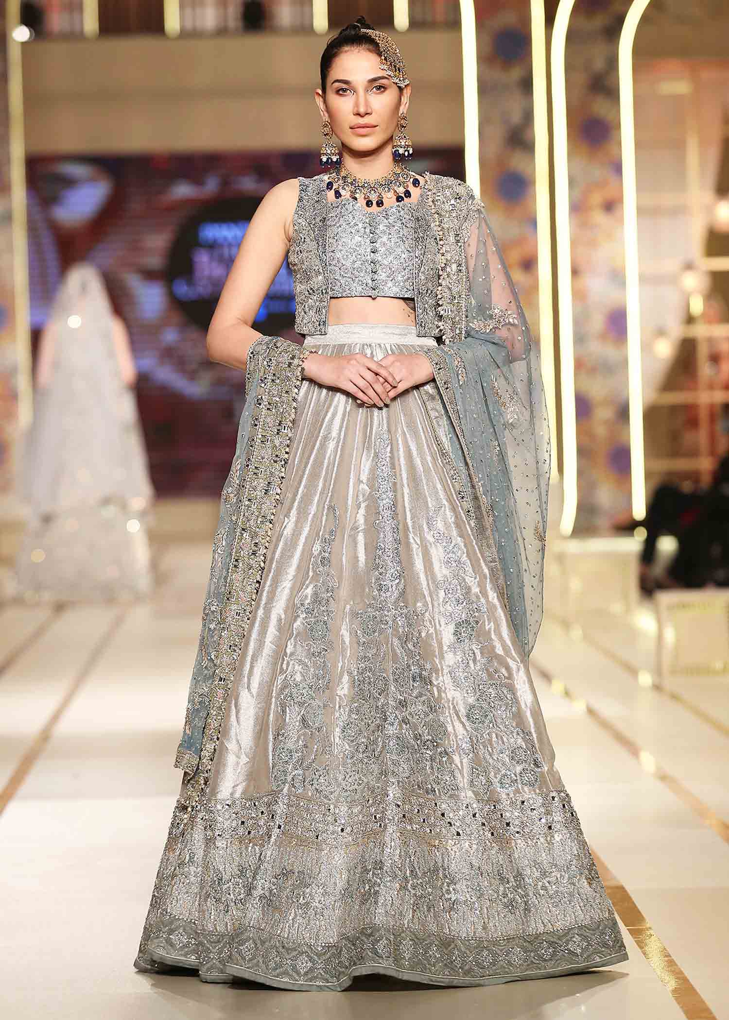 Pakistani Blue Grey Embroidered Mesuri Lamé Lehenga (3-Piece) - Image 5