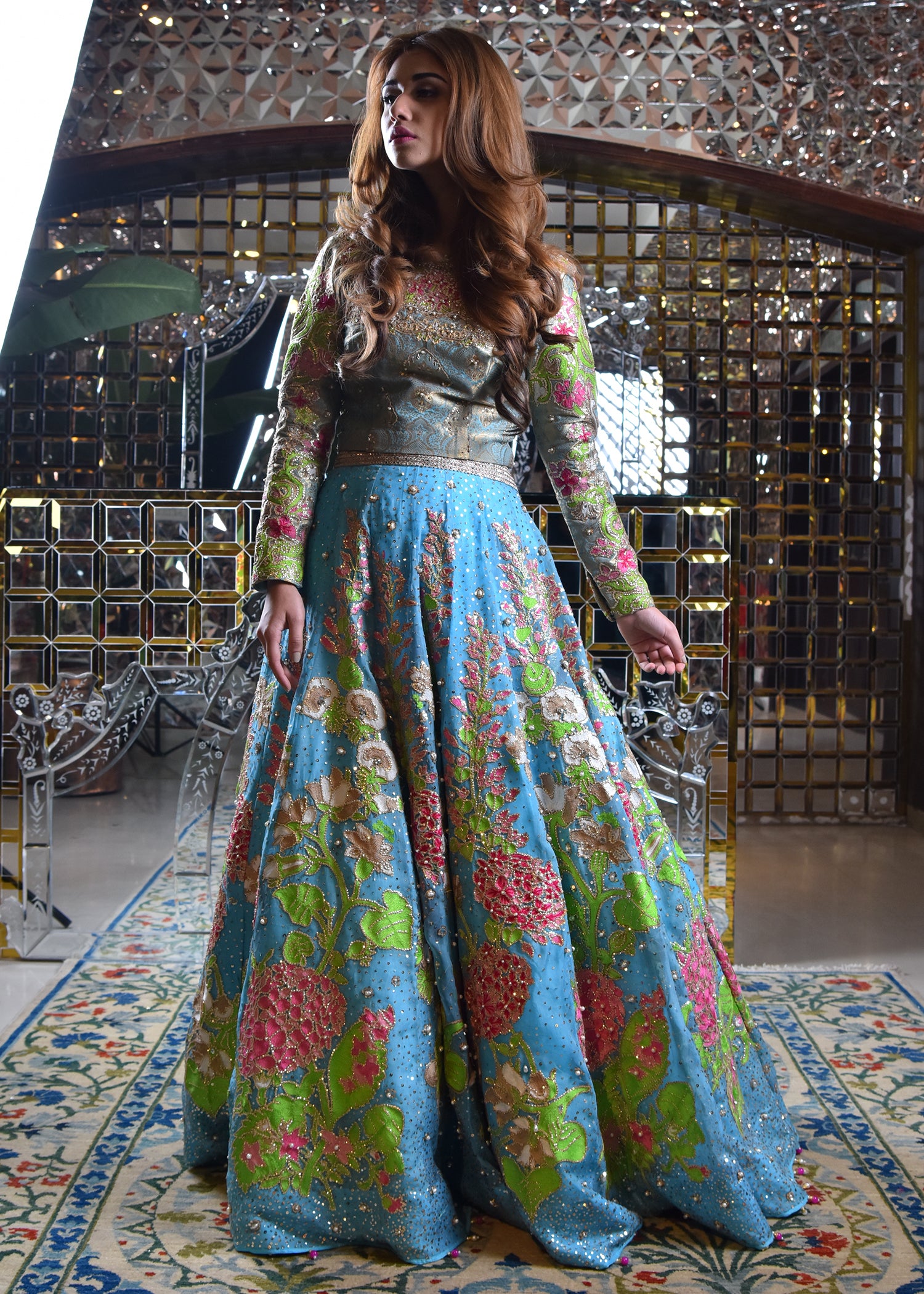 Pakistani Sky Blue Embroidered Metallic Lehenga Set (2-Piece) - Image 1