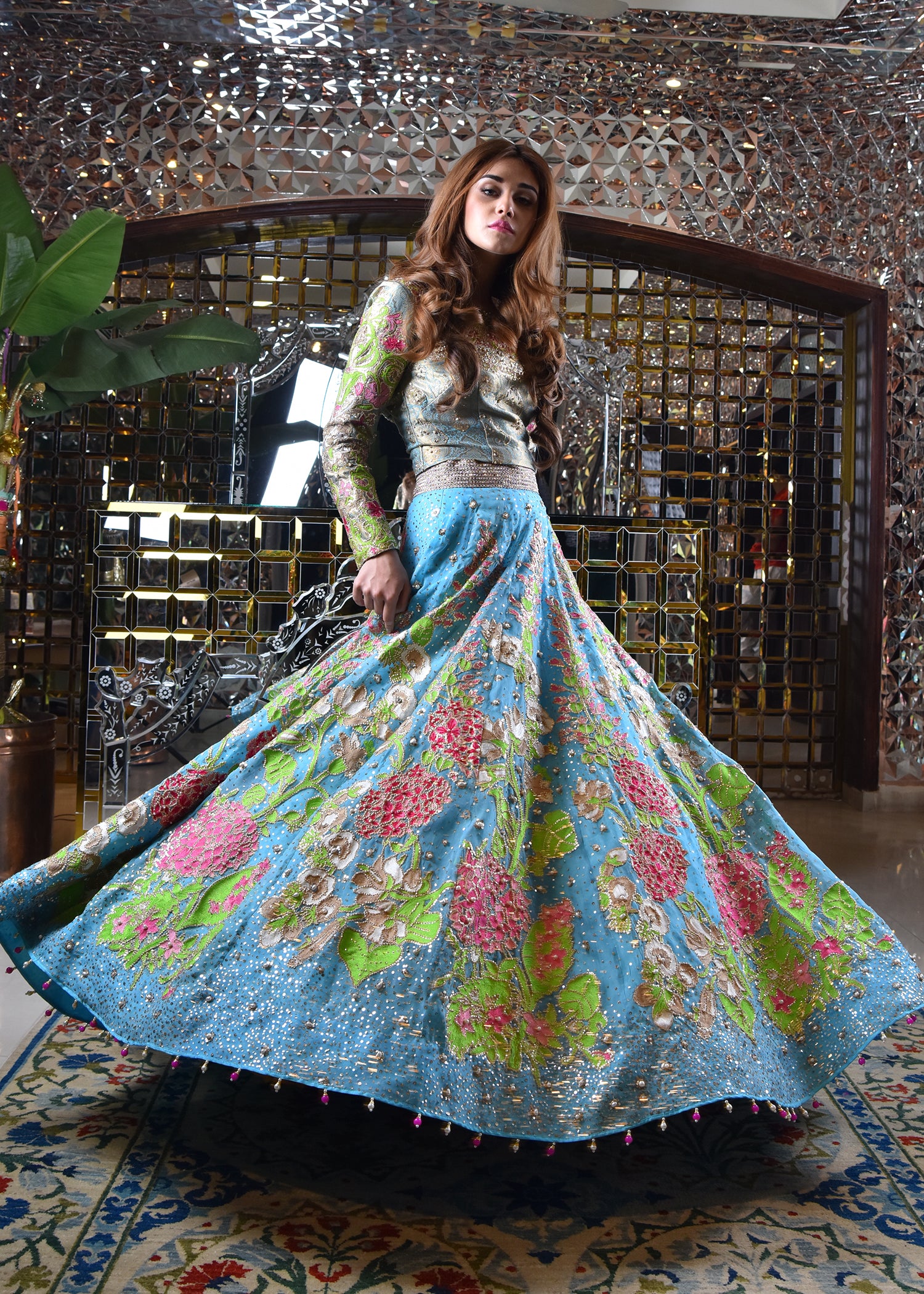 Pakistani Sky Blue Embroidered Metallic Lehenga Set (2-Piece) - Image 3