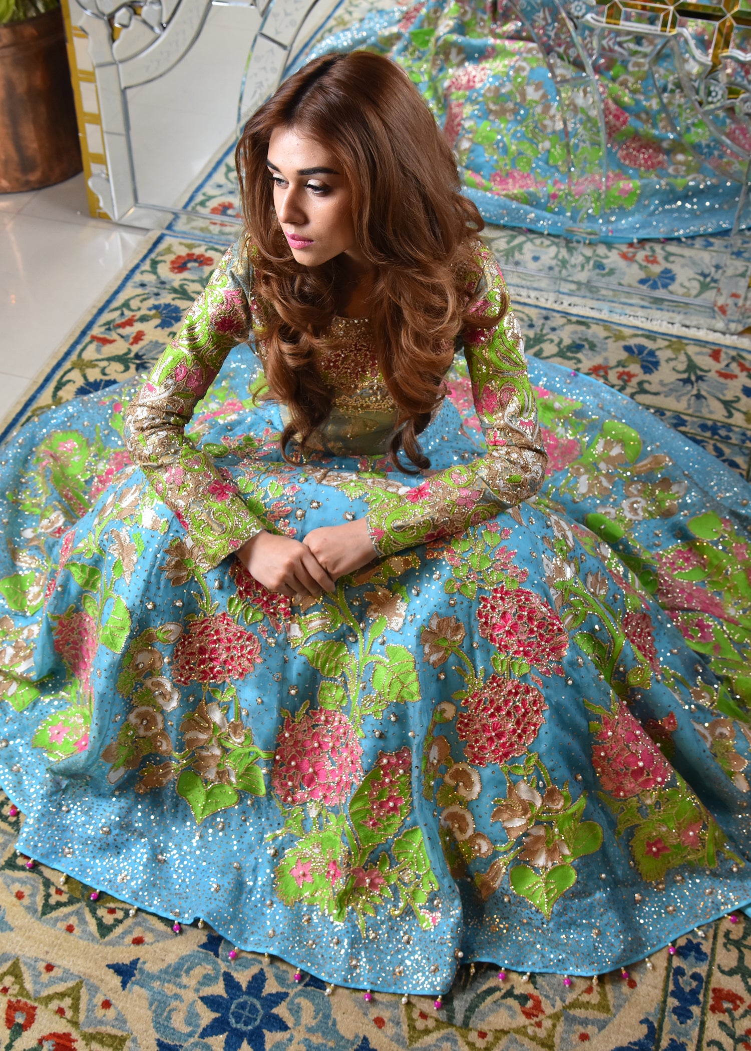 Pakistani Sky Blue Embroidered Metallic Lehenga Set (2-Piece) - Image 4