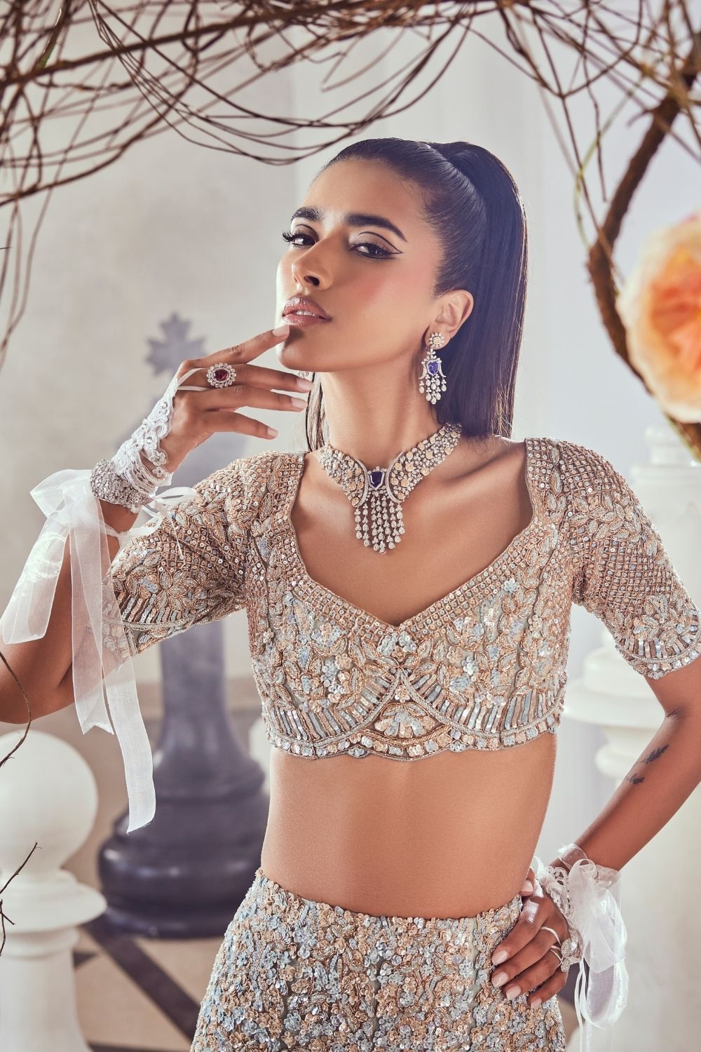 Dull Blue Embellished Net Fish-Cut Bridal Lehenga (2-Piece) - Image 1