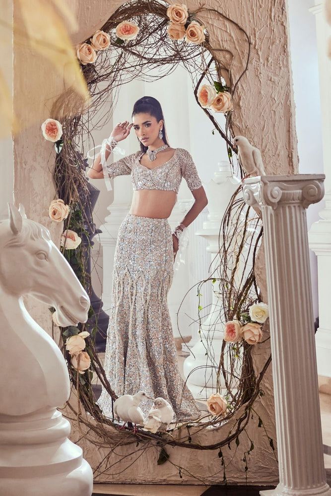 Dull Blue Embellished Net Fish-Cut Bridal Lehenga (2-Piece) - Image 3