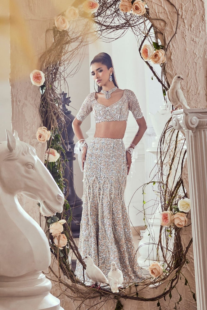 Dull Blue Embellished Net Fish-Cut Bridal Lehenga (2-Piece) - Image 4