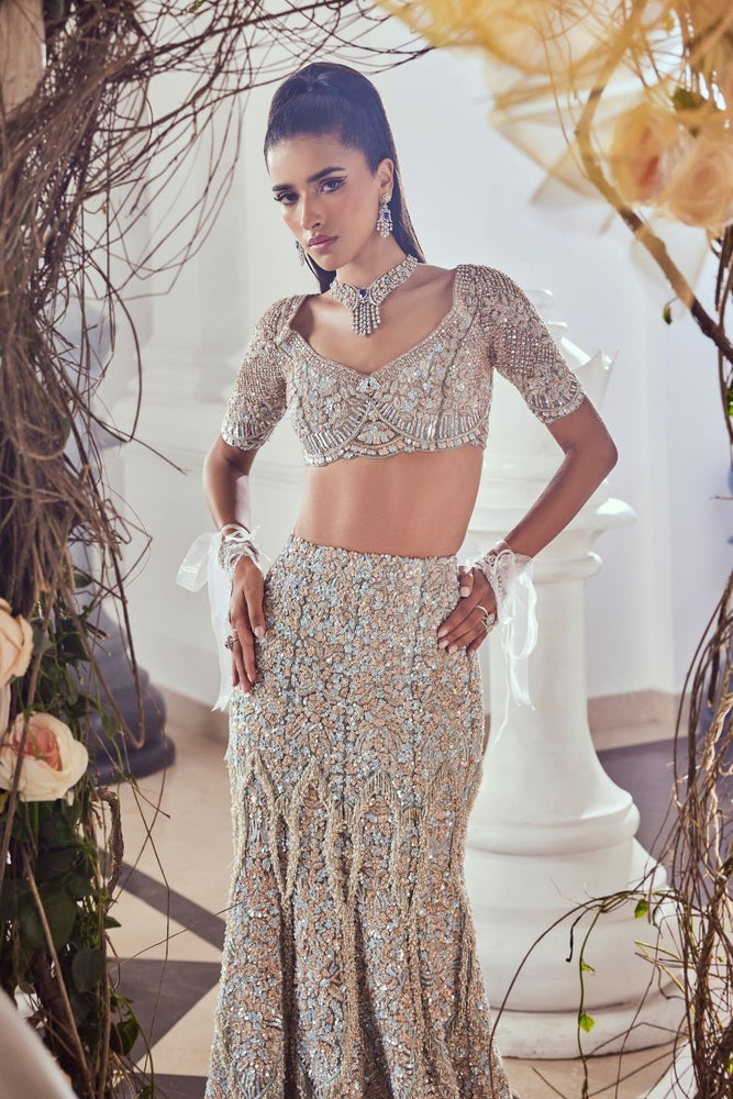 Dull Blue Embellished Net Fish-Cut Bridal Lehenga (2-Piece) - Image 6