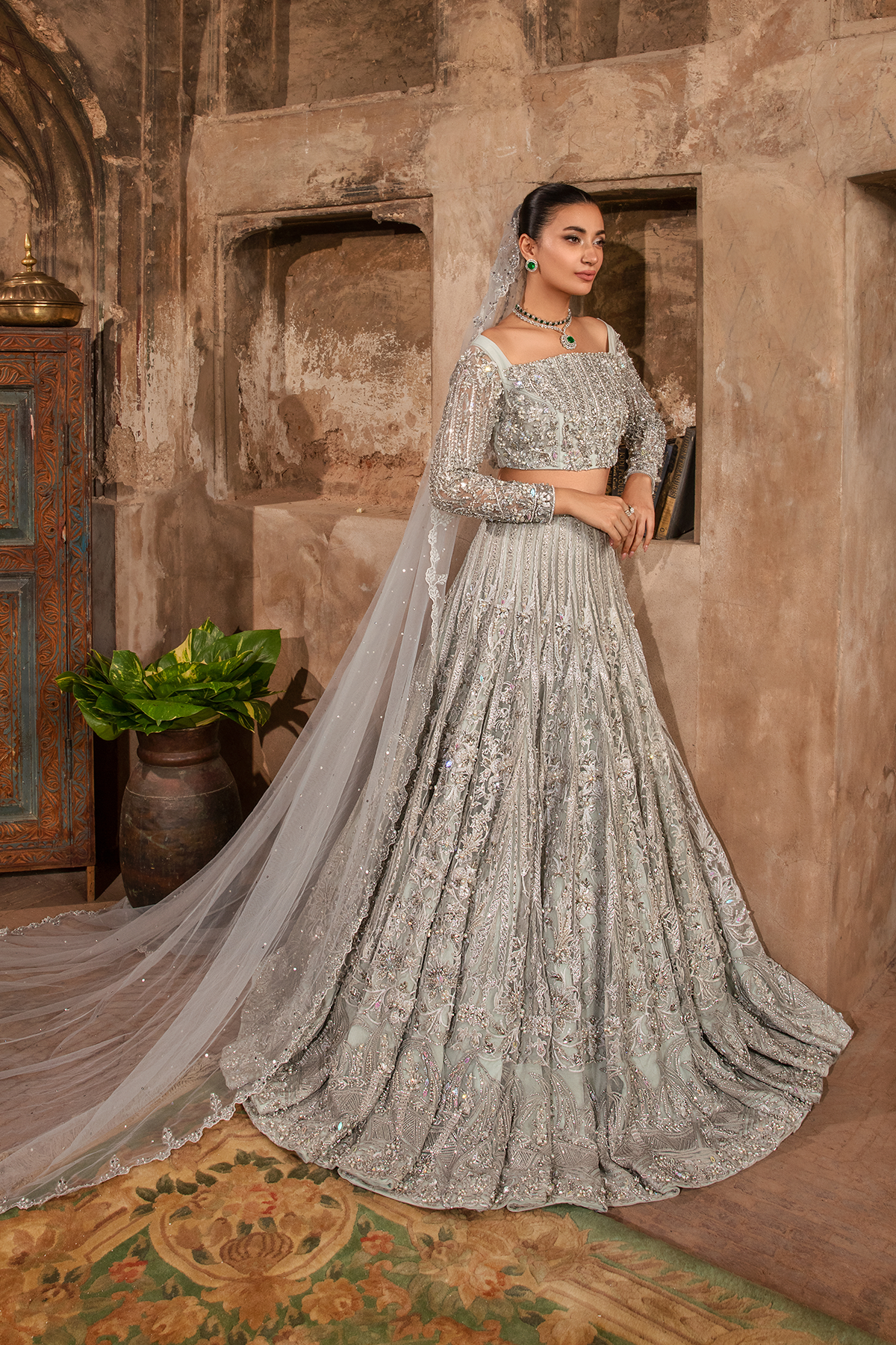 Pakistani Ice Blue Hand Embellished Net Mermaid Lehnga (3-Piece) - Image 3
