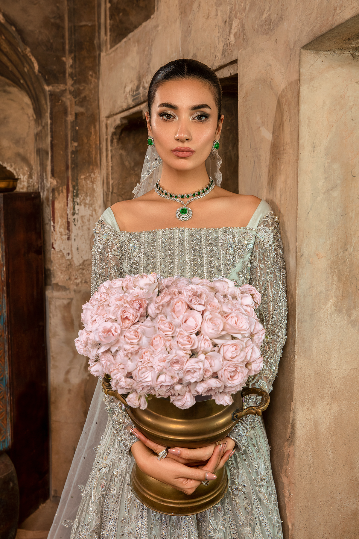 Pakistani Ice Blue Hand Embellished Net Mermaid Lehnga (3-Piece) - Image 7