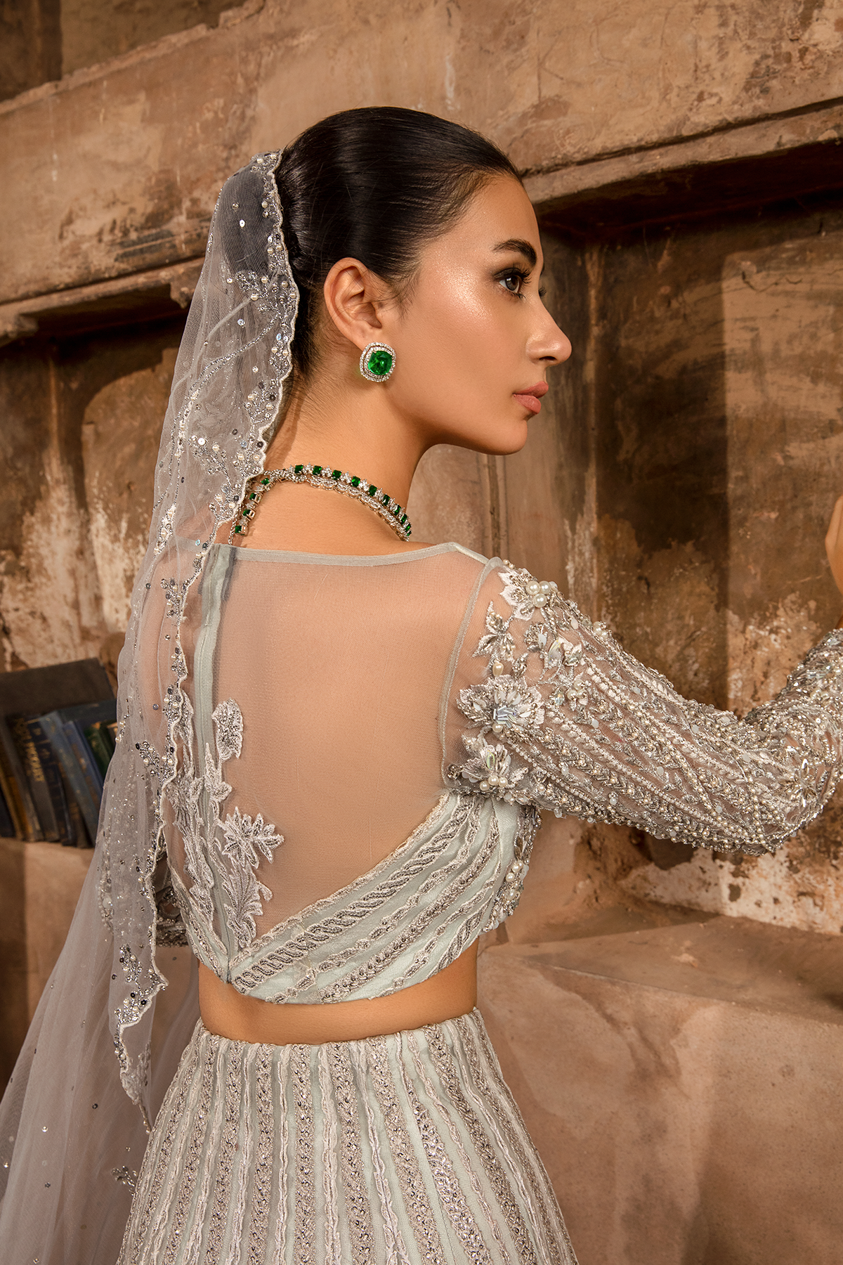 Pakistani Ice Blue Hand Embellished Net Mermaid Lehnga (3-Piece) - Image 8