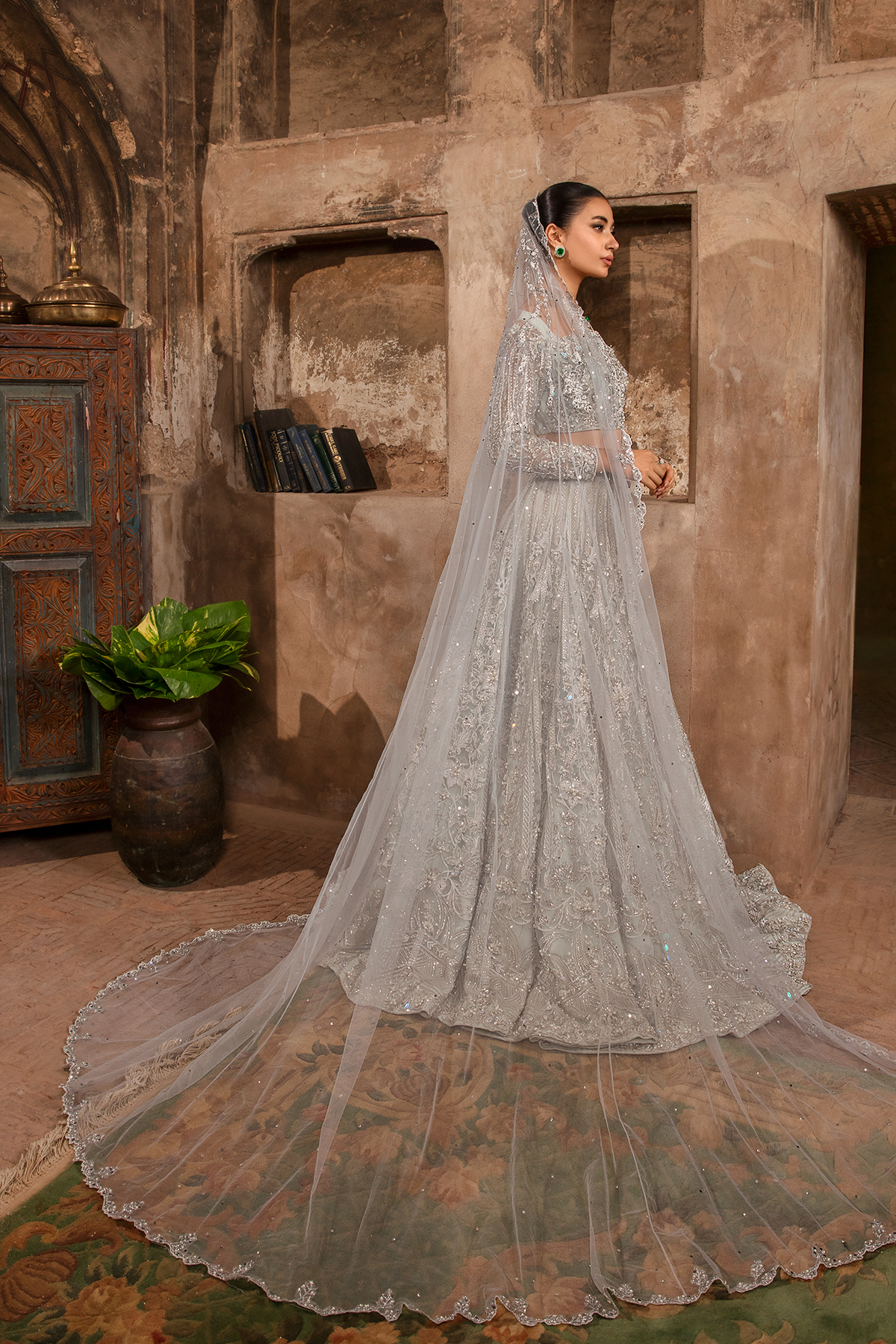 Pakistani Light Ice Blue Embroidered Net Mermaid Lehenga (3-Piece) - Image 6