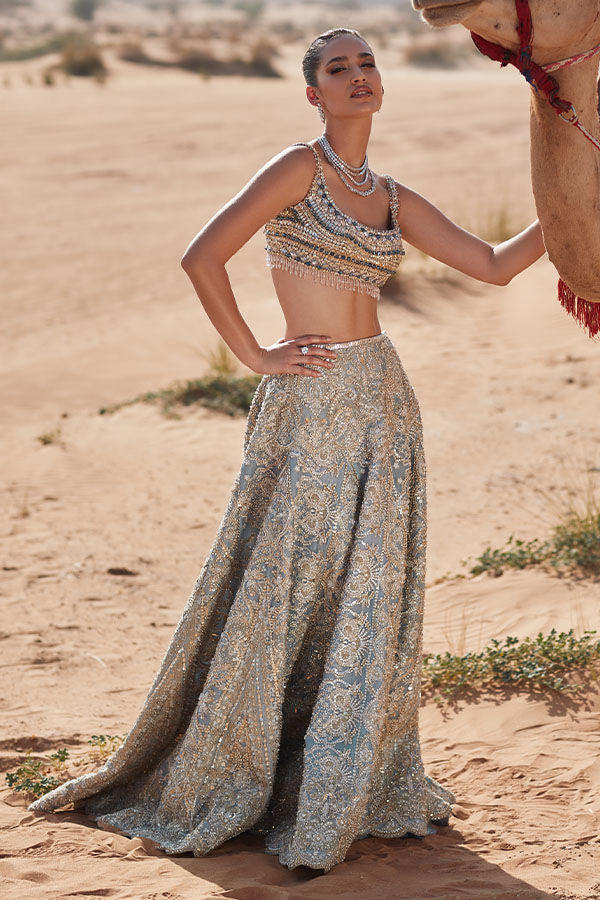 Blue Crystal Embroidered Net Bridal Lehenga (2-Piece) - Image 1