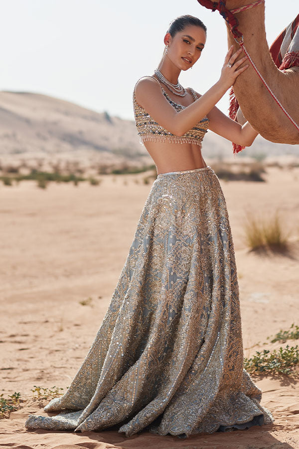 Blue Crystal Embroidered Net Bridal Lehenga (2-Piece) - Image 2