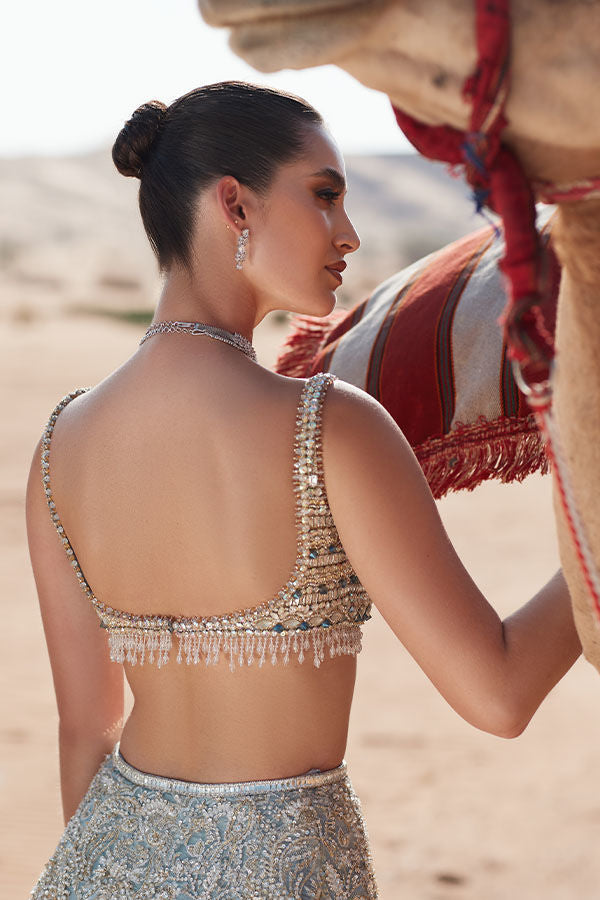 Blue Crystal Embroidered Net Bridal Lehenga (2-Piece) - Image 3