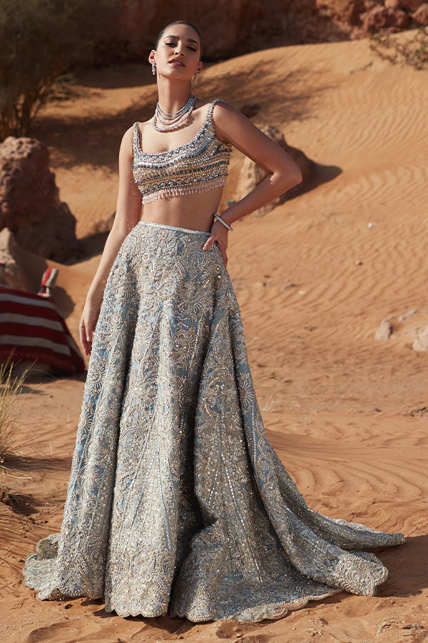 Blue Crystal Embroidered Net Bridal Lehenga (2-Piece) - Image 4