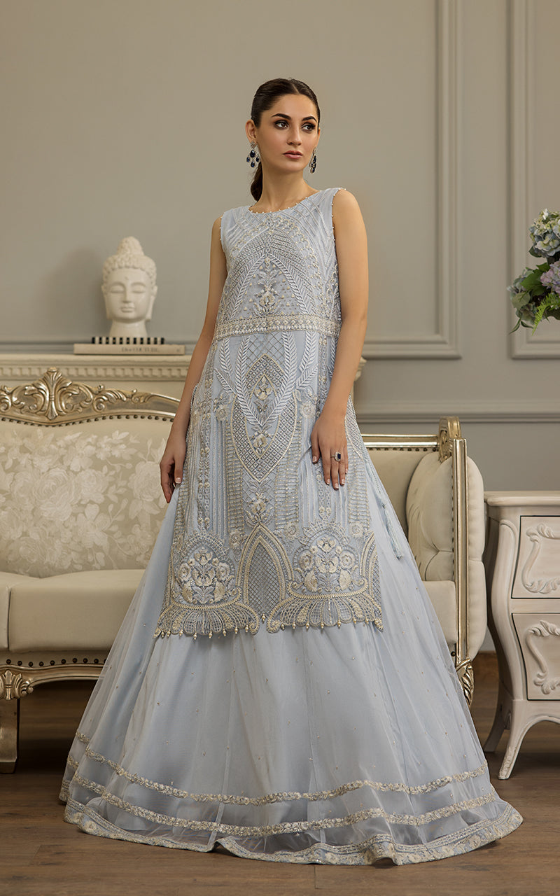 Pakistani Powder Blue Embroidered Net Lehenga Set (2-Piece) - Image 1