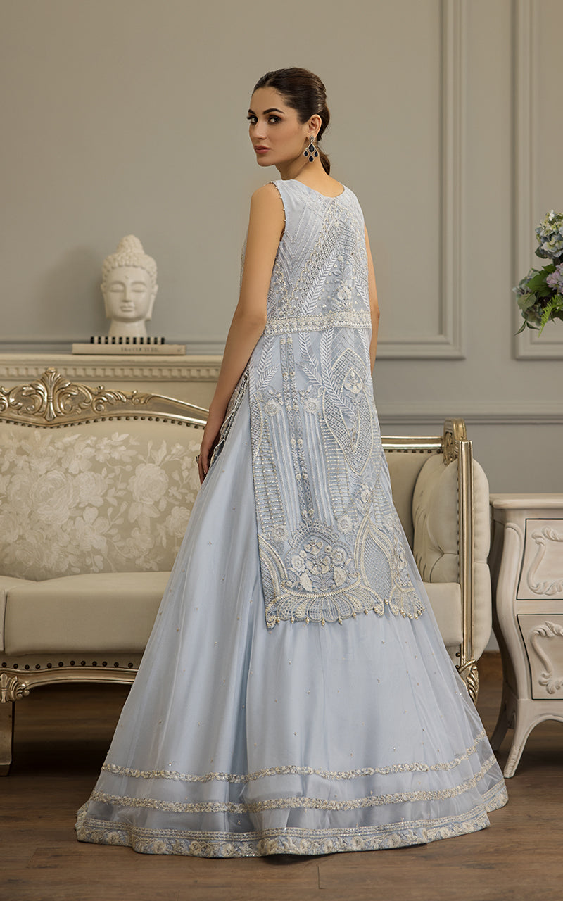 Pakistani Powder Blue Embroidered Net Lehenga Set (2-Piece) - Image 2