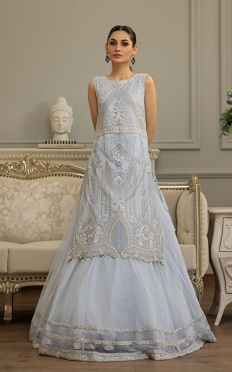 Pakistani Powder Blue Embroidered Net Lehenga Set (2-Piece) - Image 4