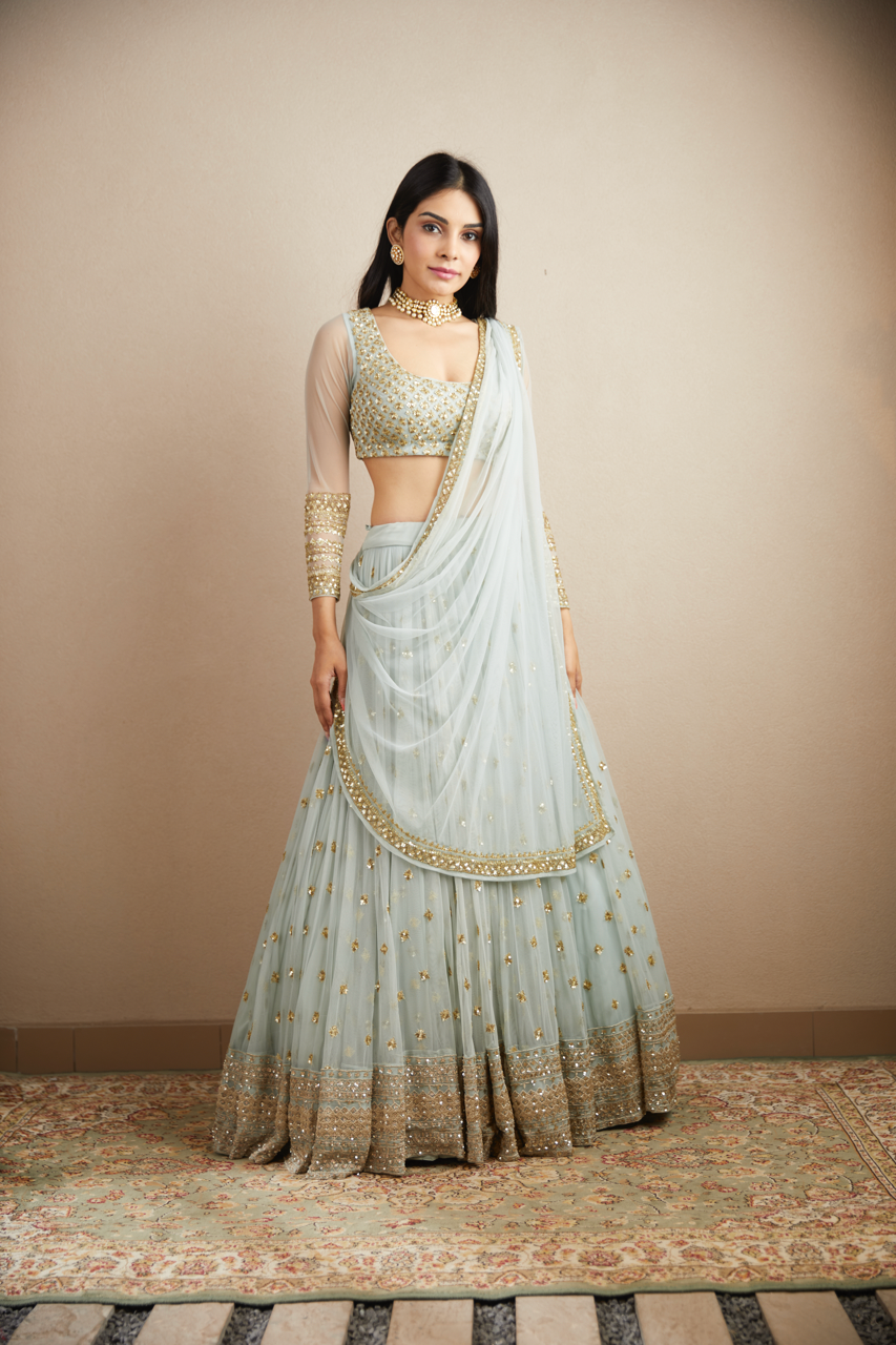 Powder Blue Embroidered Net Lehenga (3-Piece) - Image 1