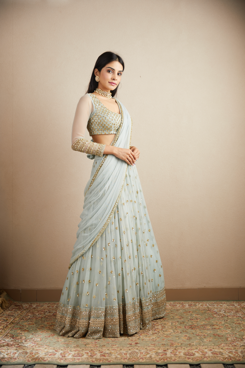 Powder Blue Embroidered Net Lehenga (3-Piece) - Image 2