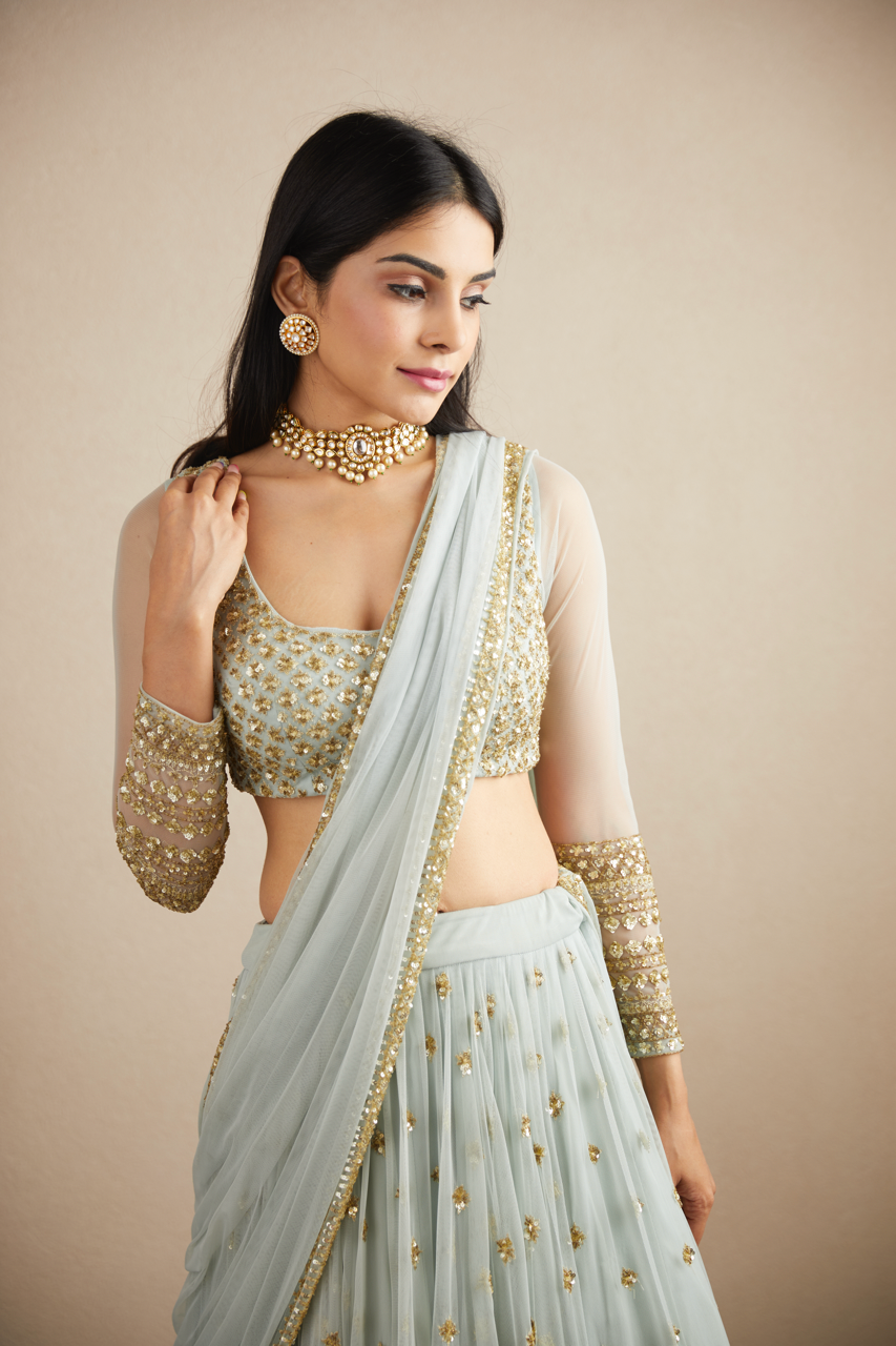 Powder Blue Embroidered Net Lehenga (3-Piece) - Image 3