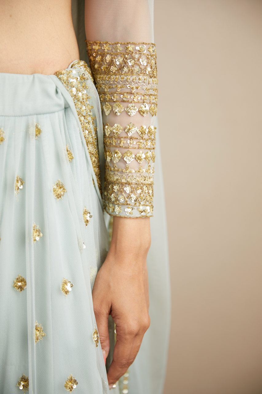 Powder Blue Embroidered Net Lehenga (3-Piece) - Image 4