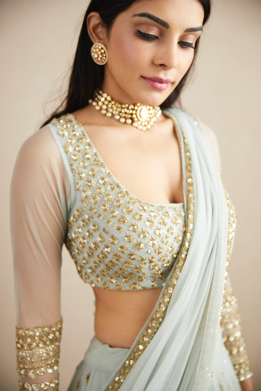 Powder Blue Embroidered Net Lehenga (3-Piece) - Image 5