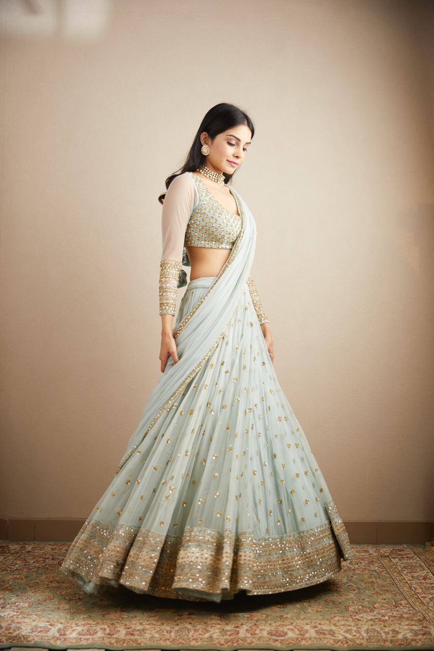 Powder Blue Embroidered Net Lehenga (3-Piece) - Image 6