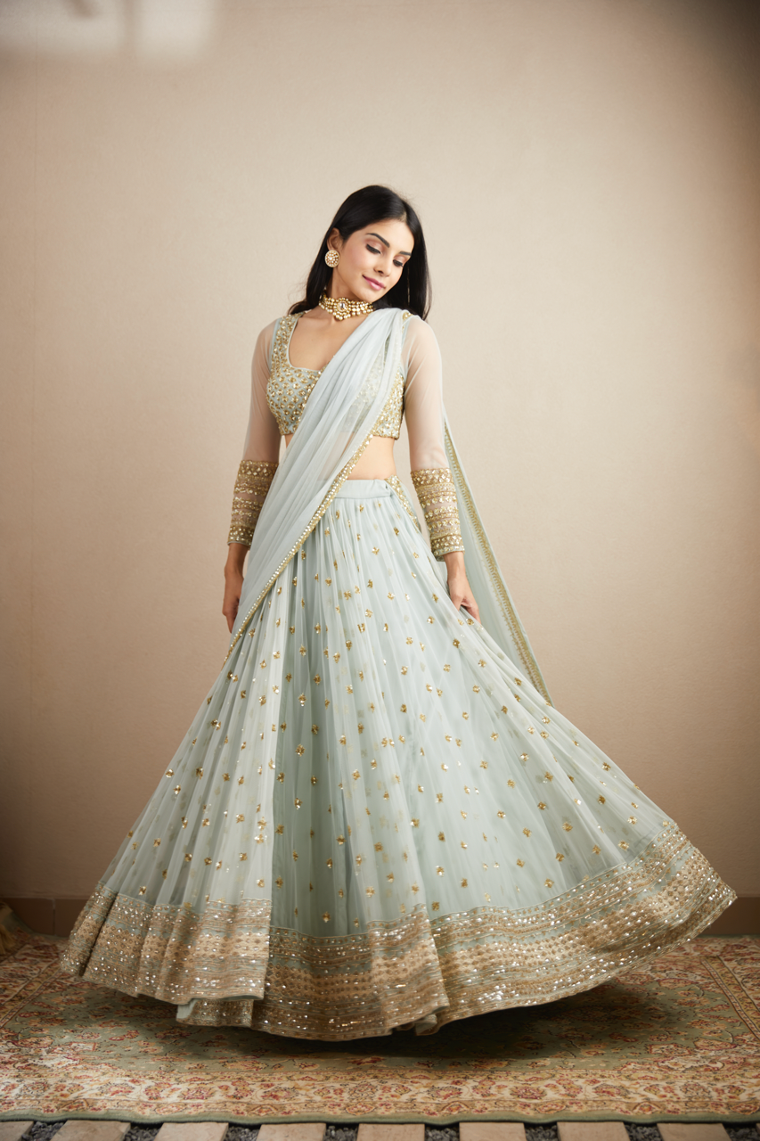 Powder Blue Embroidered Net Lehenga (3-Piece) - Image 7