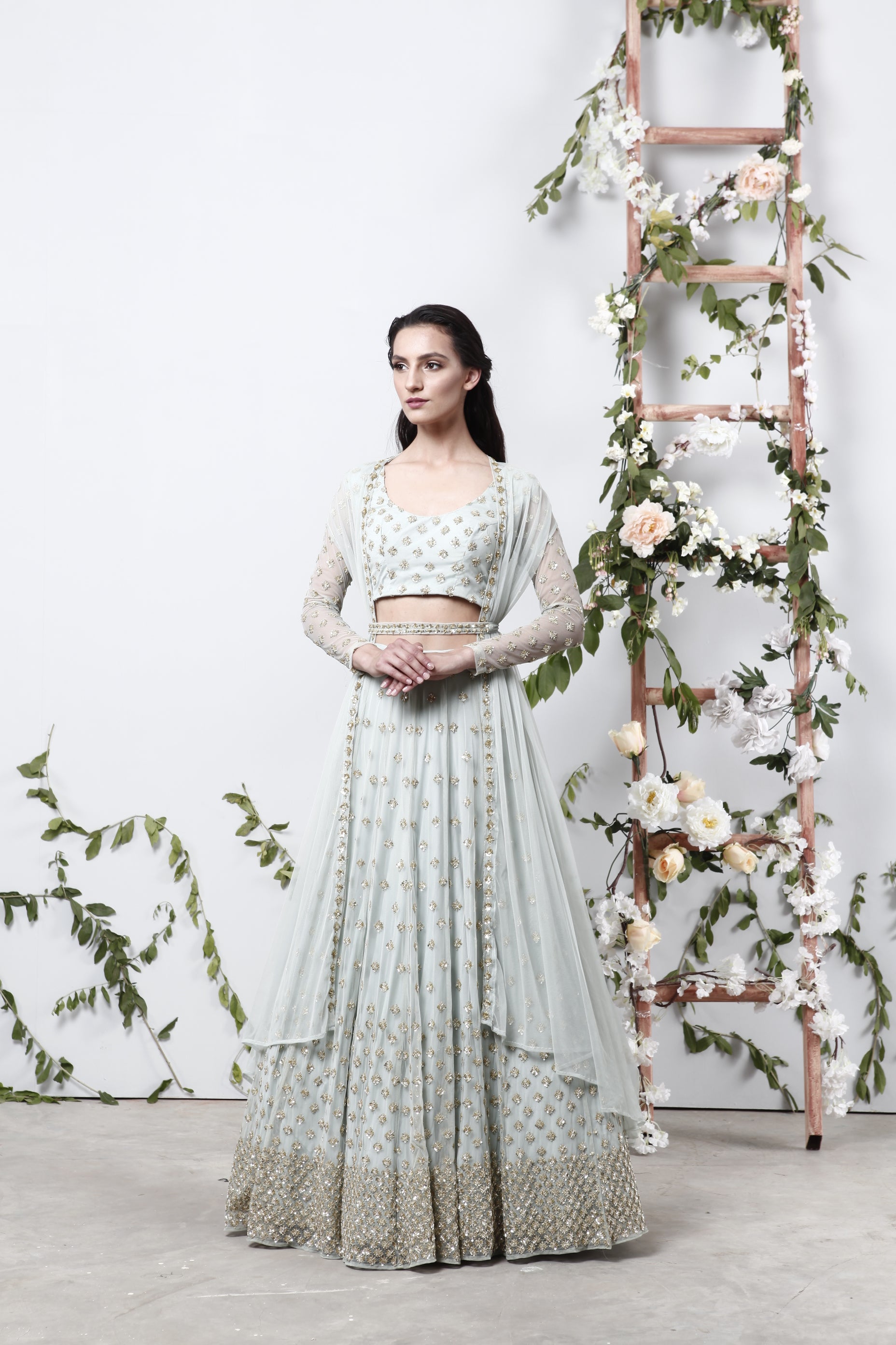 Powder Blue Embroidered Net Lehenga Set (3-Piece) - Image 1