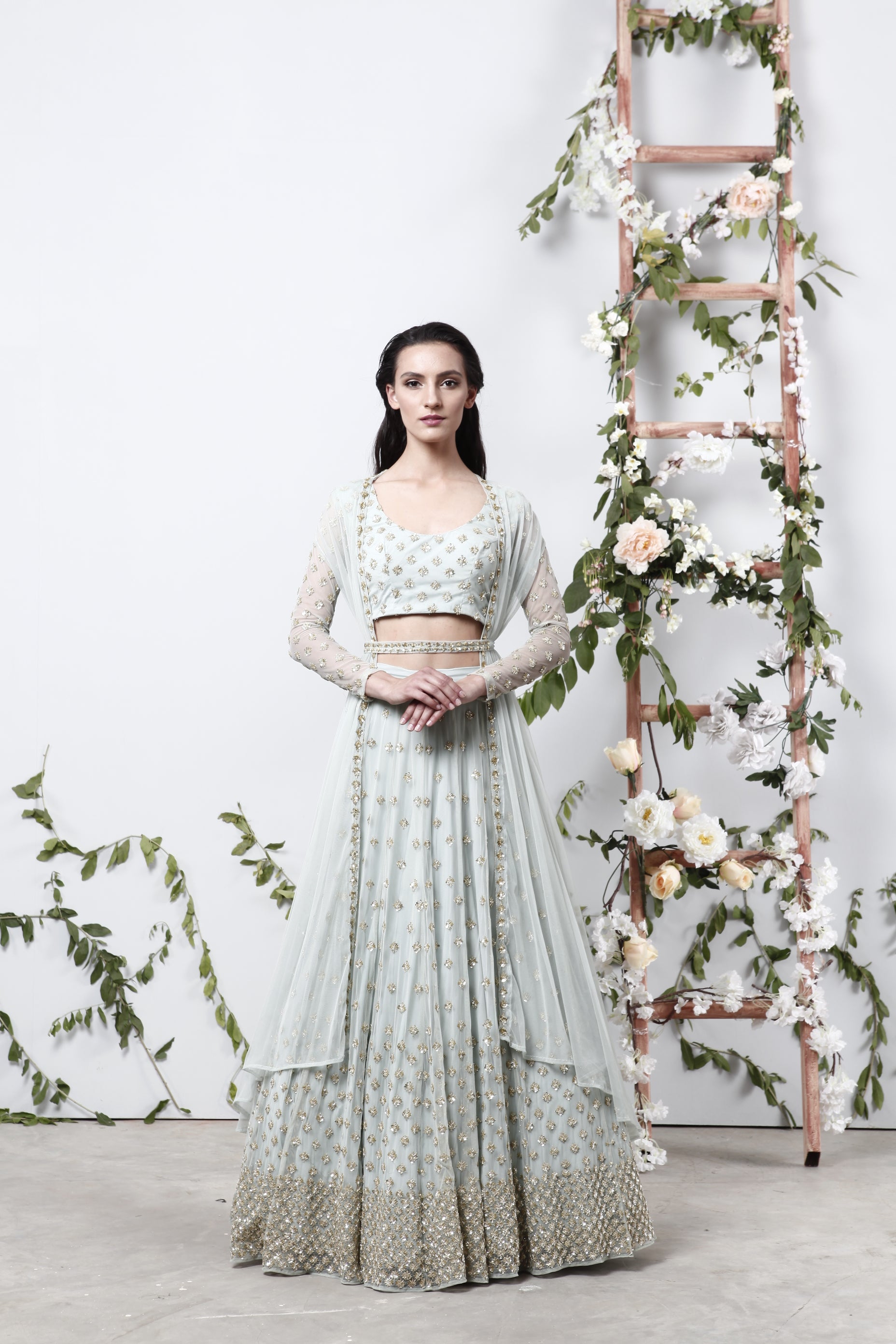 Powder Blue Embroidered Net Lehenga Set (3-Piece) - Image 2