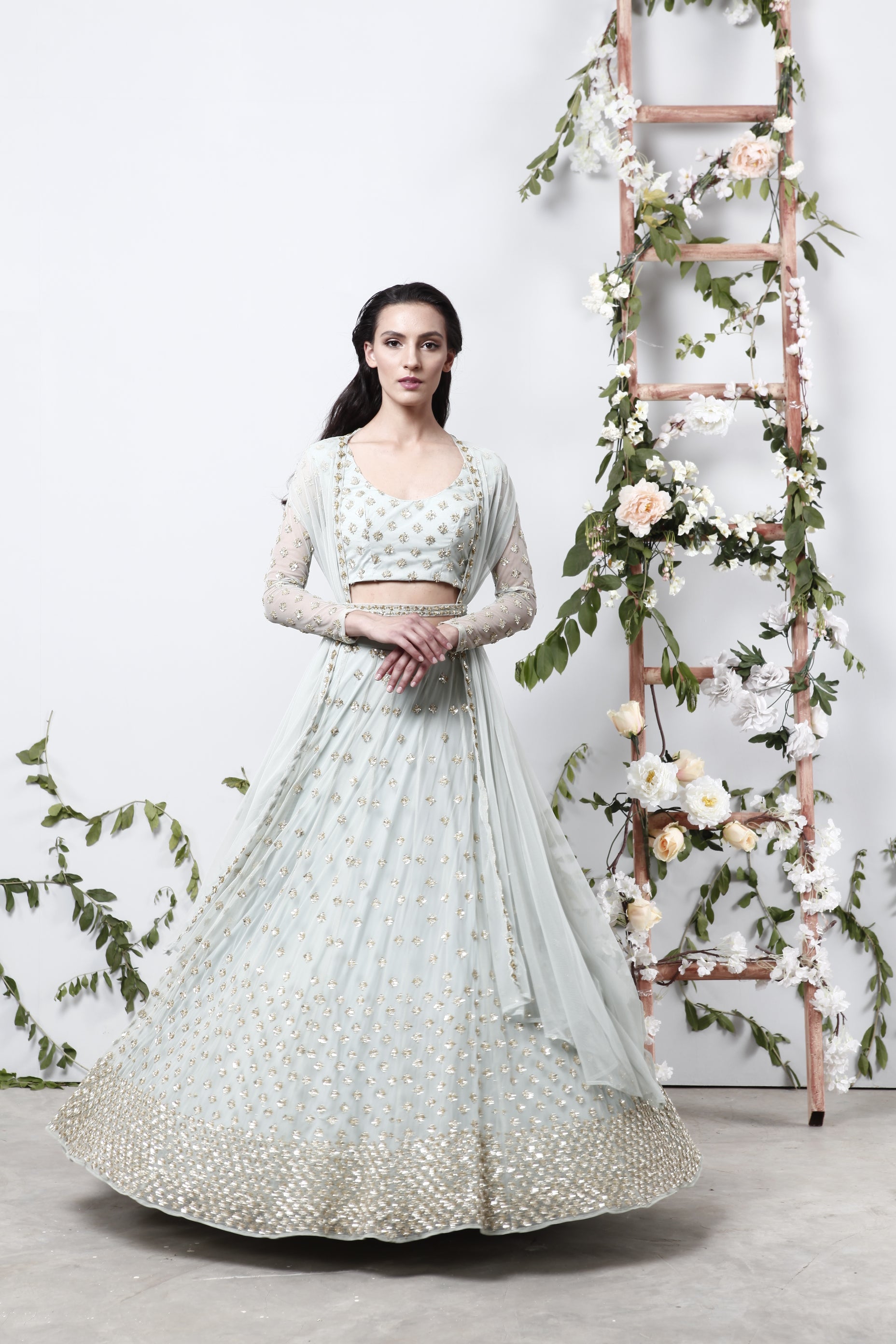 Powder Blue Embroidered Net Lehenga Set (3-Piece) - Image 3